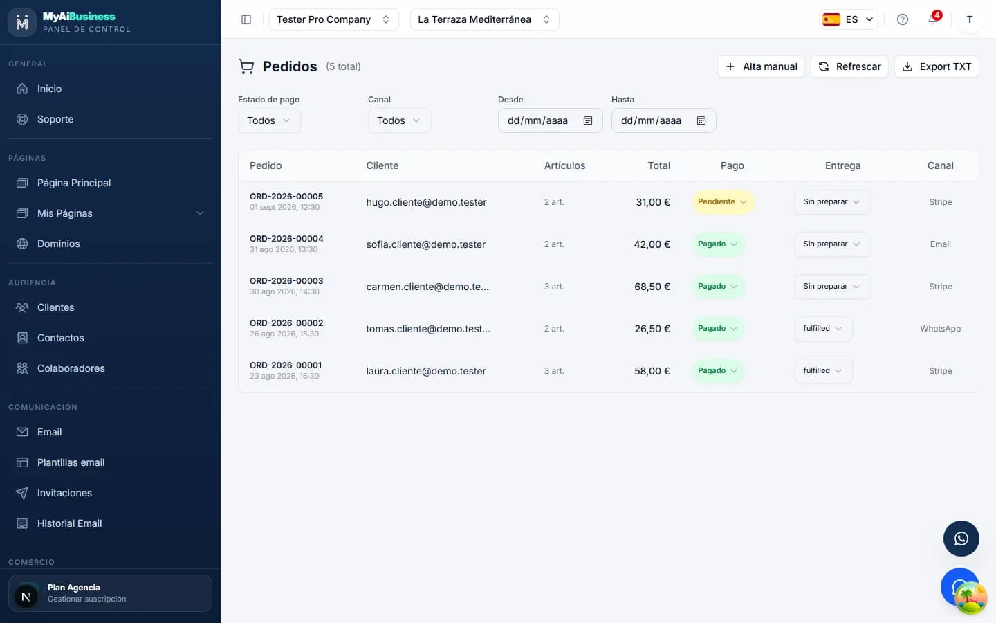 Get paid: WhatsApp, email and card; manage orders
